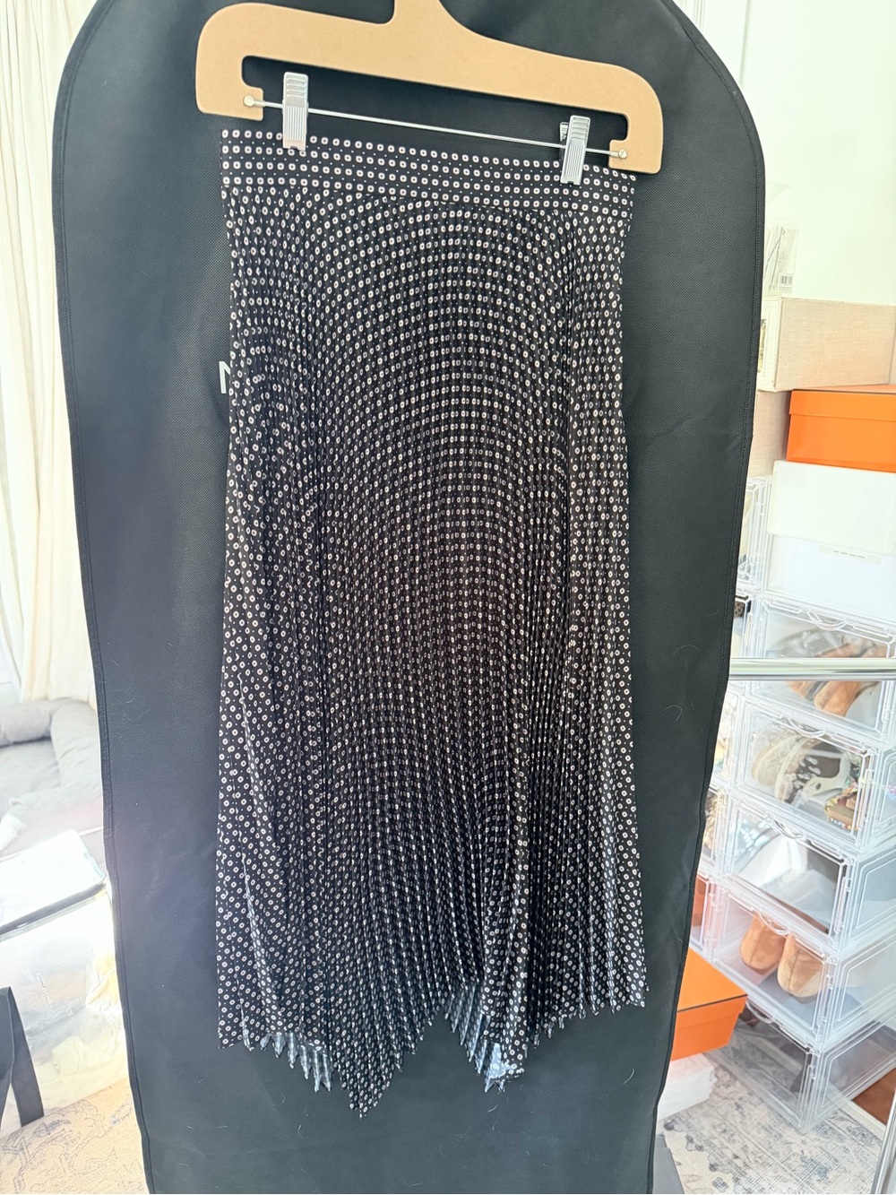 INTERMIX Black and White Asymmetrical Pleated Midi Skirt